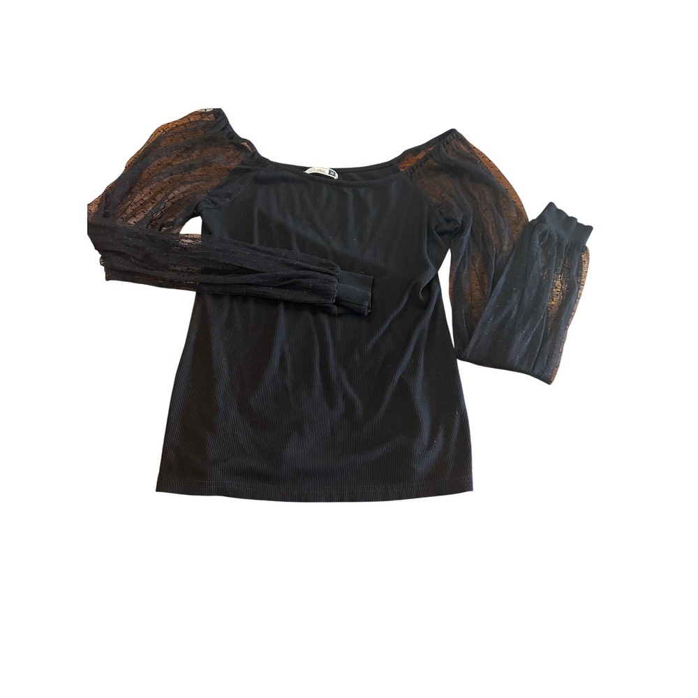 Dorose Black Ribbed Square Neck Top Sheer Swiss Dot‎ Mesh Long Sleeve Medium